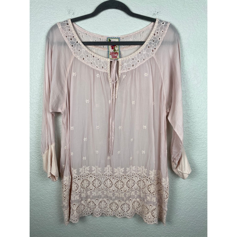 Johnny Was Top Womens Small Pink Cupra Rayon Embroidered Lace Balletcore Boho